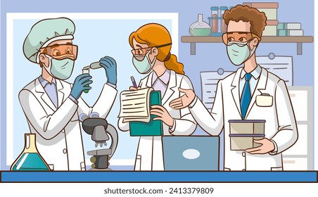 Group of scientists conducting experiments in science laboratory. Male and female scientists doing scientific research. Vector illustration