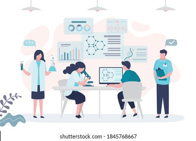 Group of scientists conducting pharmaceutical research. Team of pharmacists doing research in medical laboratory. Medics developing new drug. Concept of microbiology, pharmaceutics.Vector illustration