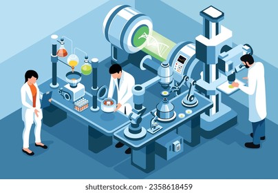 Grupo de científicos que realizan investigaciones sobre el adn en el laboratorio de biotecnología ilustración vectorial isométrica