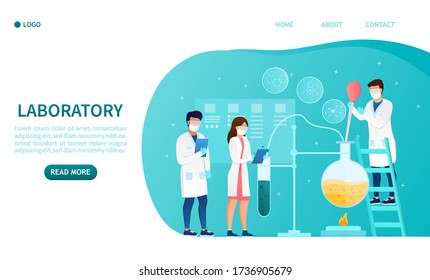 Group of scientists doing experiments in modern laboratory concept. Medical Research tests new drugs. Laboratory interior Microbiology and pharmacology Suitable for web design Flat Vector Illustration