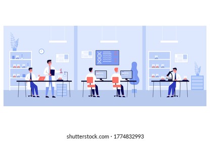 Group of scientists doing genetic research in laboratory. Chemists studying clinical samples and dna structure in lad. Vector illustration for biology, discovery, education, science concept