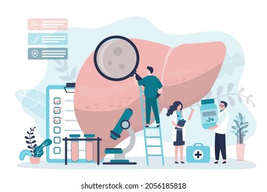 Group of scientists examine liver. Doctors select treatment for diseased organ. Concept of hepatology, medical research. Hepatologist with magnifying glass diagnoses internal organ.Vector illustration
