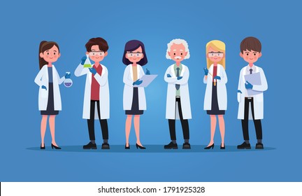 Group of scientists with gloves and gowns, Vector illustration cartoon character.