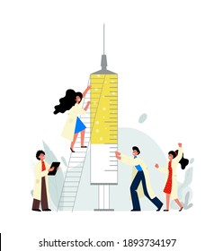 A group of scientists has discovered a vaccine for covid-19. A woman climbs up to the syringe. A breakthrough in the fight against the virus. Vector flat illustration. 