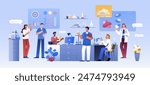 Group of scientists in lab room. Scientific medical in chemical laboratory conduct pharmaceutical science experiment, biology research. Flat doctors or pharmacology assistants work on drug development