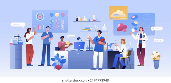 Group of scientists in lab room. Scientific medical in chemical laboratory conduct pharmaceutical science experiment, biology research. Flat doctors or pharmacology assistants work on drug development