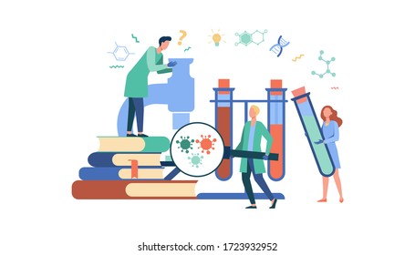 Group of scientists with microscope, chemical tubes and books doing epidemiology research. Chemists studying corona virus tests in medical lab. Can be used for coronavirus pandemic, covid 2019 topics