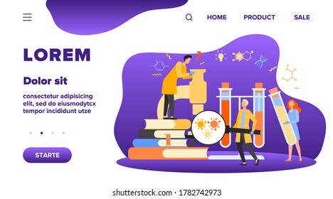Group of scientists with microscope, chemical tubes and books doing epidemiology research. Chemists studying corona virus tests in medical lab. Can be used for coronavirus pandemic, covid 2019 topics