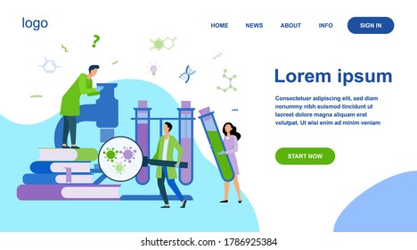 Group of scientists with microscope, chemical tubes and books doing epidemiology research. Chemists studying corona virus tests in medical lab. Can be used for coronavirus pandemic, covid 2019 topics