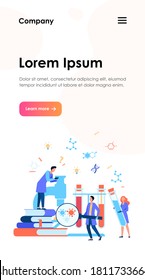 Group of scientists with microscope, chemical tubes and books doing epidemiology research. Chemists studying corona virus tests in medical lab. Can be used for coronavirus pandemic, covid 2019 topics