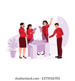 A group of scientists study volcanic eruptions and dinosaurs in Augmented Reality via Smartphone. Augmented Reality concept. Trend Modern vector flat illustration