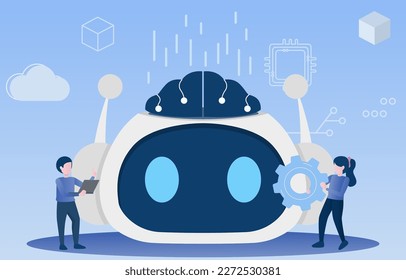 A group of scientists are studying artificial intelligence robots in the laboratory. To better understand how it works and how it can be improved. Vector illustration.