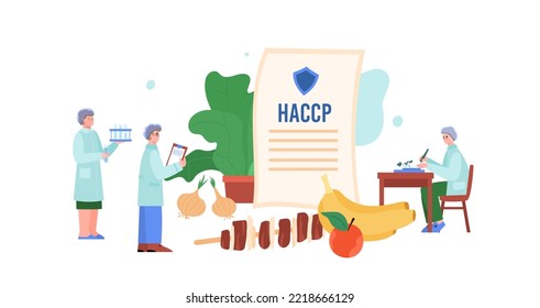 Group of scientists testing food quality in laboratory, flat vector illustration isolated on white background. HACCP standards for food quality and safety.