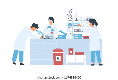 Group of scientists in white coat working in science lab vector flat illustration. Man and woman researchers conducting experiments in chemical laboratory isolated on white. Scientific research