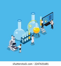 Group of scientists in white coat working in science lab isometric 3d vector illustration concept for banner, website, illustration, landing page, flyer, etc.