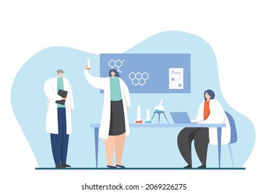 Group of Scientists work in laboratory. Research lab, virus and blood researches. Cartoon men and women scientist characters work in laboratory vector illustration.