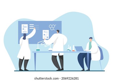 Group of Scientists work in laboratory. Research lab, virus and blood researches. Cartoon men and women scientist characters work in laboratory vector illustration.