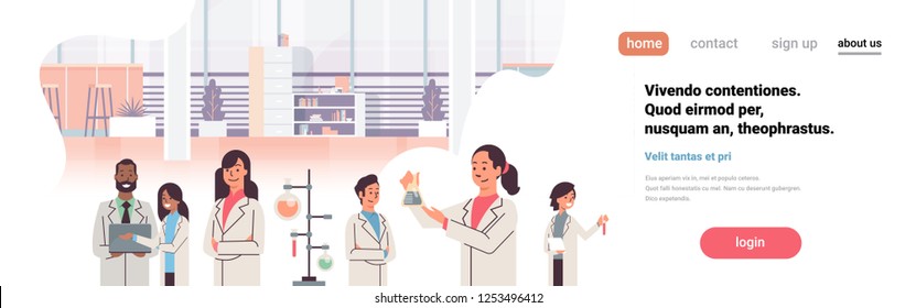 group scientists working laboratory doing research test tube dropper mix race team study chemicals experiments In modern lab flat copy space portrait banner