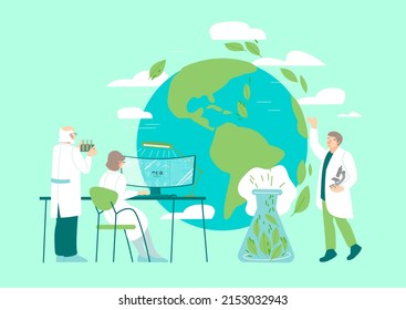 Group of scientists working on futuristic projects. Modern laboratory. Saving earth, ecological problems. Ecology, global warming, clean planet concept. Vector illustration on a light green background