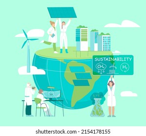 Grupo de científicos trabajando en proyectos futuristas. Laboratorio moderno. Salvando la tierra, problemas ecológicos. Ecología, calentamiento global, concepto de planeta limpio. Ilustración del vector sobre un fondo verde claro