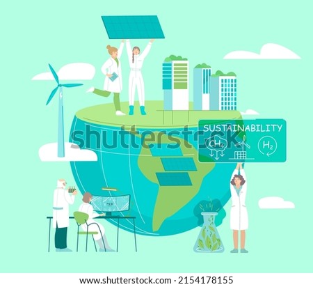 Group of scientists working on futuristic projects. Modern laboratory. Saving earth, ecological problems. Ecology, global warming, clean planet concept. Vector illustration on a light green background