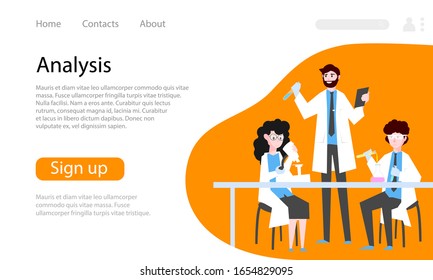 Group of Scientists working in a scientific laboratory. Science - virology, biology, chemistry, pharmaceuticals, biochemistry. Web design template. Orange theme color. Flat cartoon illustration.