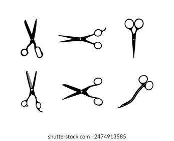 Grupo de tijeras de silueta aislado fondo blanco. Ilustración vectorial
