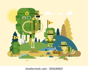 Group scout cartoon. Activity tourism, children adventure, childhood outdoor, flat vector illustration