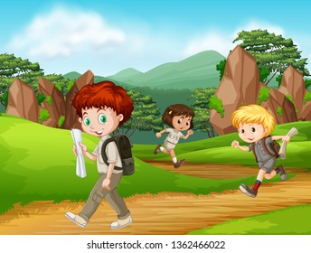 Group of scout hiking illustration