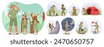 Group Of Scout Kids Engaging In Various Outdoor Activities, Scouting And Exploring Nature, Setting Up A Tent And Hiking Through Lush Forests, Cooking Over A Campfire And Practicing Navigation Skills