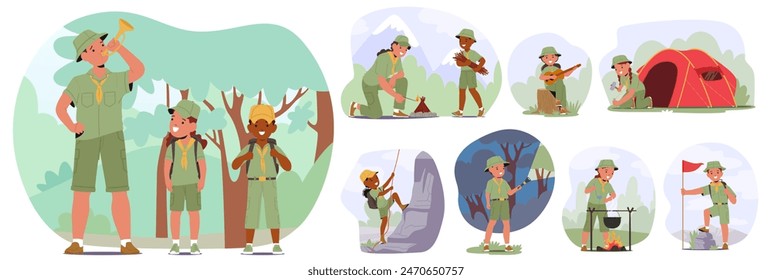 Group Of Scout Kids Engaging In Various Outdoor Activities, Scouting And Exploring Nature, Setting Up A Tent And Hiking Through Lush Forests, Cooking Over A Campfire And Practicing Navigation Skills