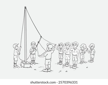 A group of scouts raising a flag during a ceremonial activity, showcasing teamwork and respect. The illustration shows unity and the essence of scouting traditions in black-and-white simplicity.