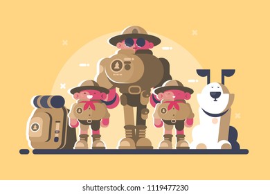 Group of scouts with rucksack and dog. Head and children. Vector illustration