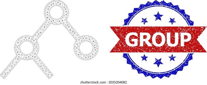 Group scratched stamp, and binary links icon net model. Red and blue bicolor stamp contains Group text inside ribbon and rosette. Abstract flat mesh binary links, designed with flat mesh.