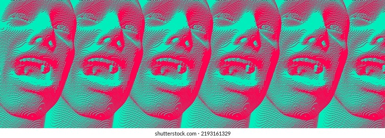 A group of screaming men with their mouths open. Group of people for design. Full of emotions. Voxel art. 3D vector illustration. Design for banner, flyer, poster, cover or brochure.