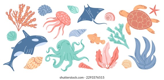 Grupo de animales marinos y plantas acuáticas. Habitantes subacuáticos. Ilustración plana dibujada a mano moderna sobre fondo blanco.