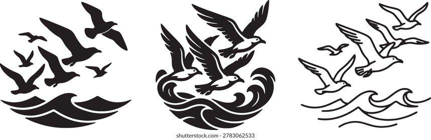 Group of seagulls soaring above sea water. Artistic coastal illustration depicting avian marine life in flight path.