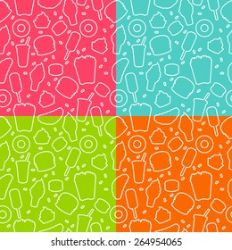 Group of seamless vector patterns of fast food on bright background