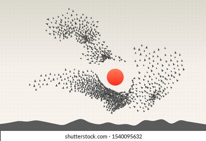 Group Of Self Organized Objects. Crowd Of People Behaviour. Flocking Simulation. Swarm Formation.