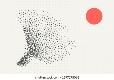 Group of self organized objects. Crowd of people behavior. Flocking birds simulation. Artificial life model. Swarm formation.