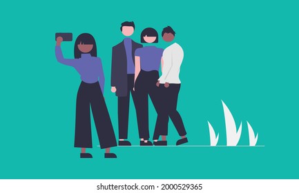 ilustración de concepto de selfie de grupo
Esta ilustración utiliza un estilo de línea plana. Cada elemento del diseño es una capa vectorial individual