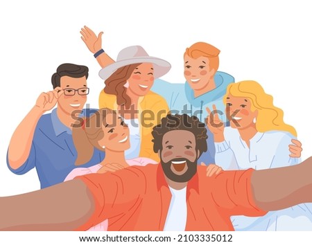 Group selfie of friends. Cartoon people making joint photo portrait on phone camera, smiling girl and boy take video self, friendship picture photograph, flat vector. Illustration of selfie friendship