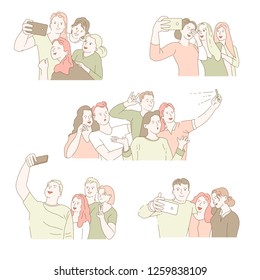 Group selfie isolated icons men and women taking photo family and friends cheerful company and smartphone camera device or gadget flashlight posing for photography or picture social media vector.