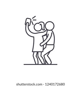 Group selfie line icon concept. Group selfie vector linear illustration, symbol, sign
