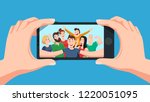 Group selfie on smartphone. Photo portrait of friendly youth team, friends make photos on phone camera or teenage character taking friendship selfies on telephone. Cartoon vector illustration