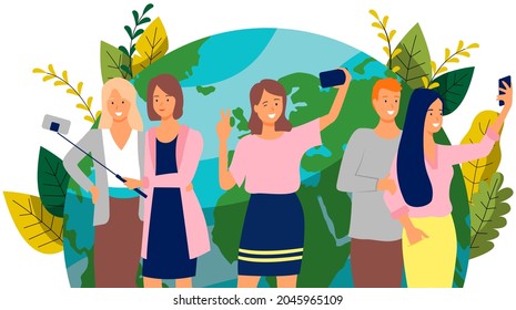 Group selfie portrait, team of young people taking pictures with each other standing near blue globe. Man and woman using mobile smartphone for texting and leaving comments in social networks
