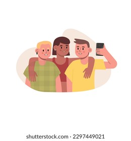 Group selfie. Video call via mobile phone. Group of young people take photo with smartphone as souvenir. Friends take pictures together. Colored vector characters in flat style