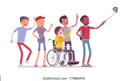 Group selfie and young people. Self-portrait photograph taken with phone stick camera, girl with special needs and friends, Inclusion. Vector flat style cartoon illustration isolated, white background