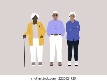 A group of senior adults standing full length, retirement club