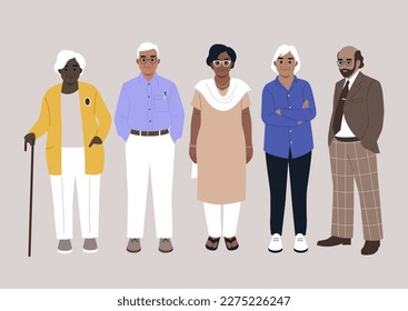 A group of senior adults standing full length, retirement club